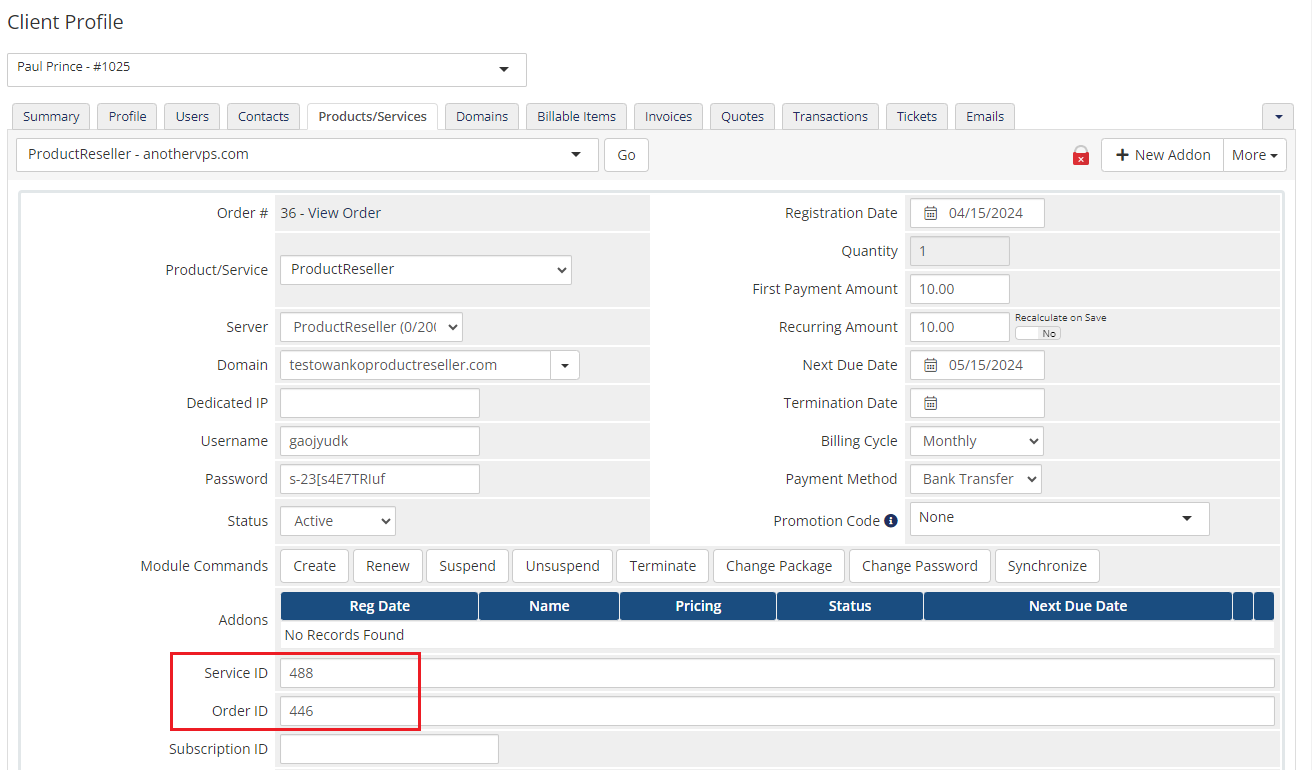Products Reseller For WHMCS: Reseller WHMCS admin client service page with Service ID and Order ID custom fields filled