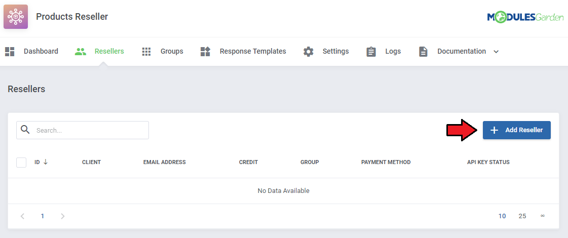 Products Reseller For WHMCS: admin Resellers list with no data and the Add Reseller button highlighted