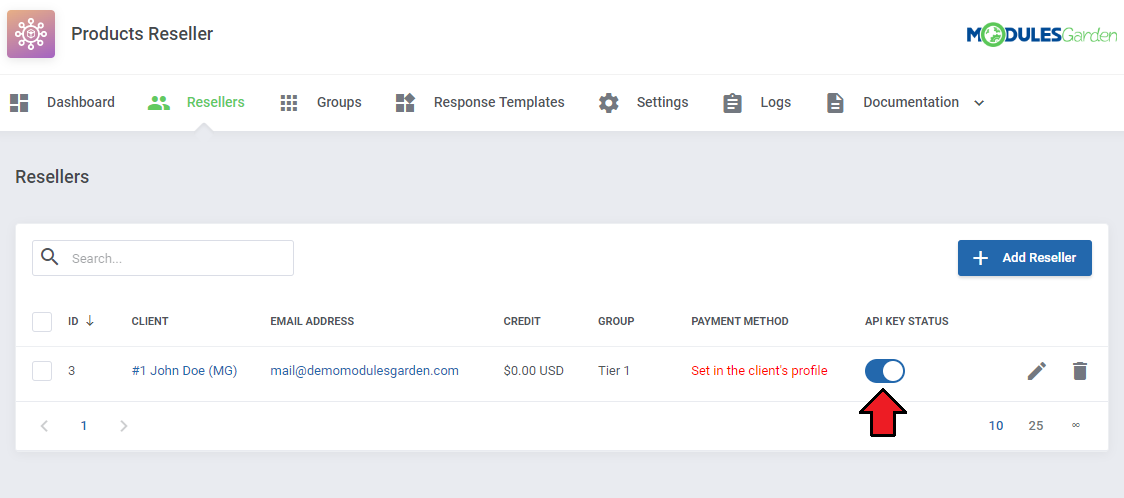 Products Reseller For WHMCS: Products Reseller addon Resellers tab with an arrow on the API Key Status switch of a