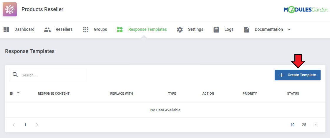 Products Reseller For WHMCS: Response Templates page with an empty list and the Create Template button highlighted