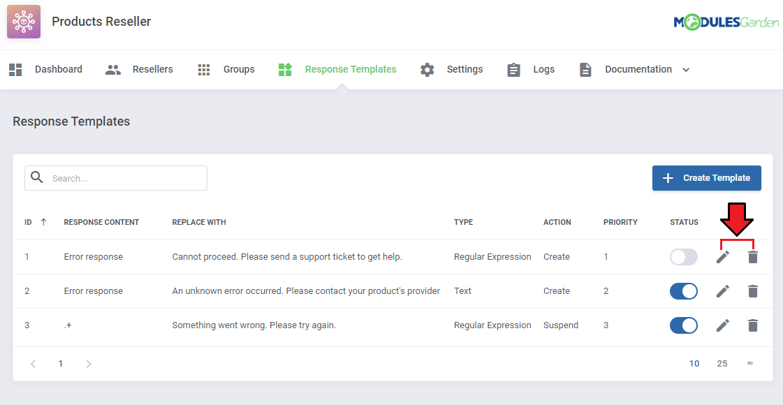 Products Reseller For WHMCS: Response Templates list with three templates, status switches and edit and delete icons