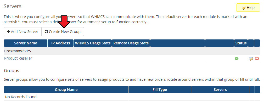 Products Reseller For WHMCS: WHMCS Servers list with the new server and an arrow on the Create New Group button