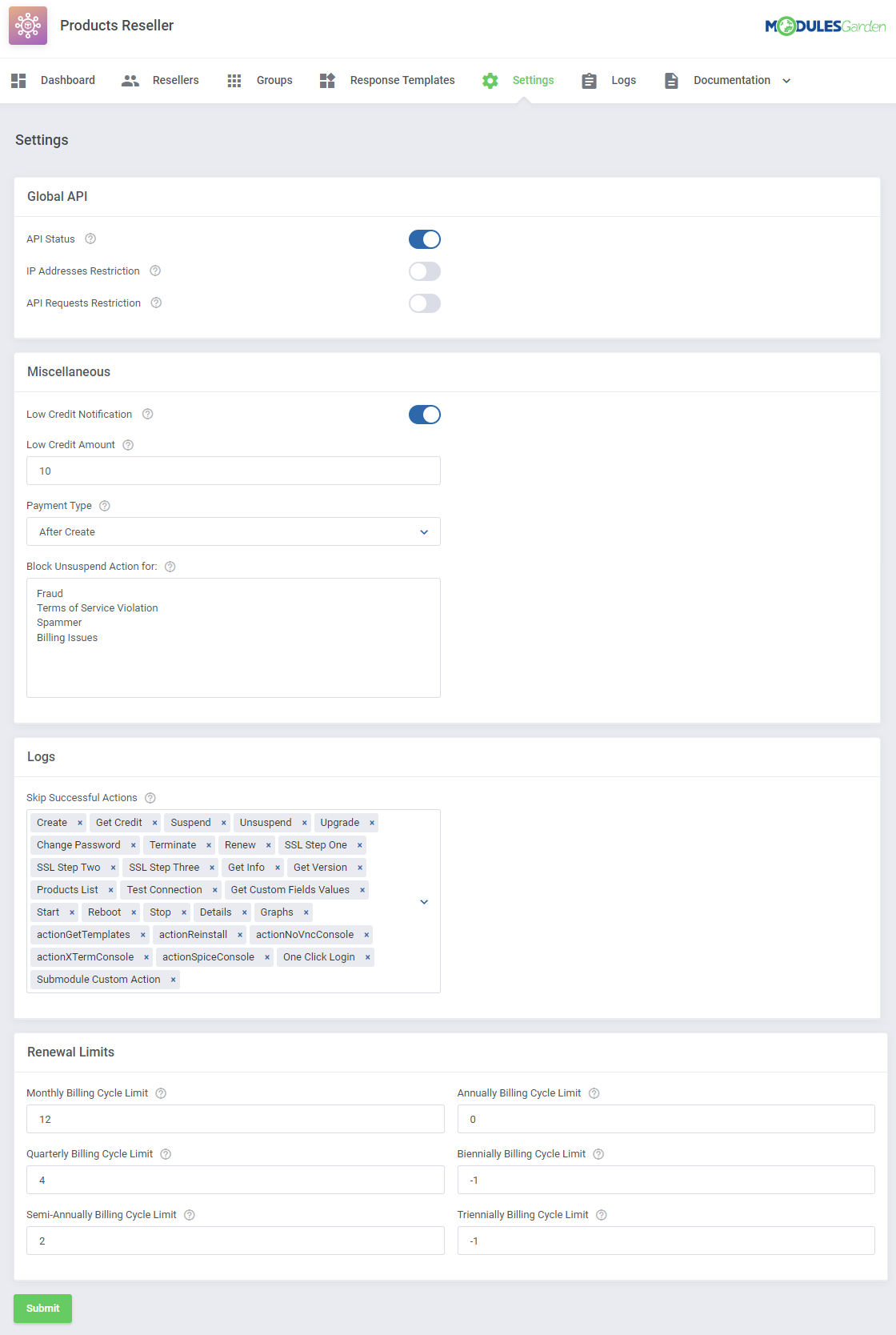 Products Reseller For WHMCS: the Settings tab with Global API, Miscellaneous, Logs and Renewal Limits sections