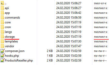 Products Reseller For WHMCS: a file manager with the storage folder permissions highlighted in the ProductsReseller
