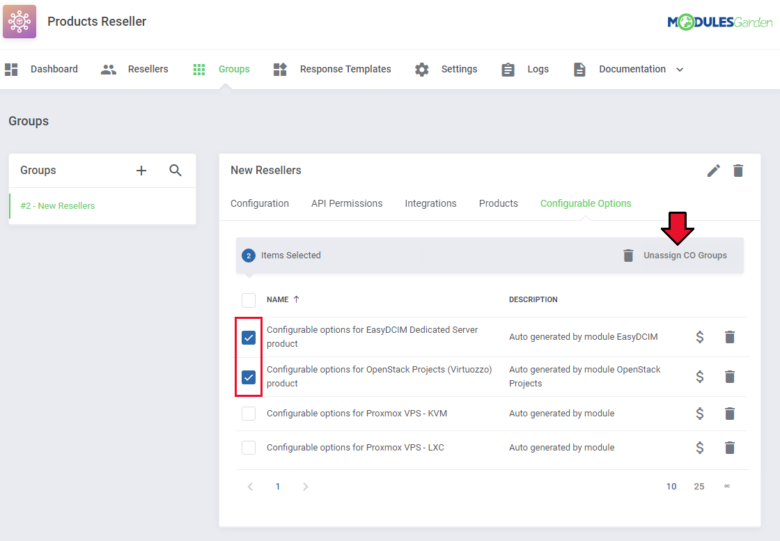 Products Reseller For WHMCS: Configurable Options tab with two groups selected and the Unassign CO Groups mass action