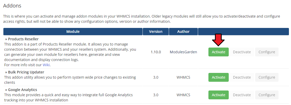 Products Reseller For WHMCS: the WHMCS Addon Modules list with the Activate button next to Products Reseller