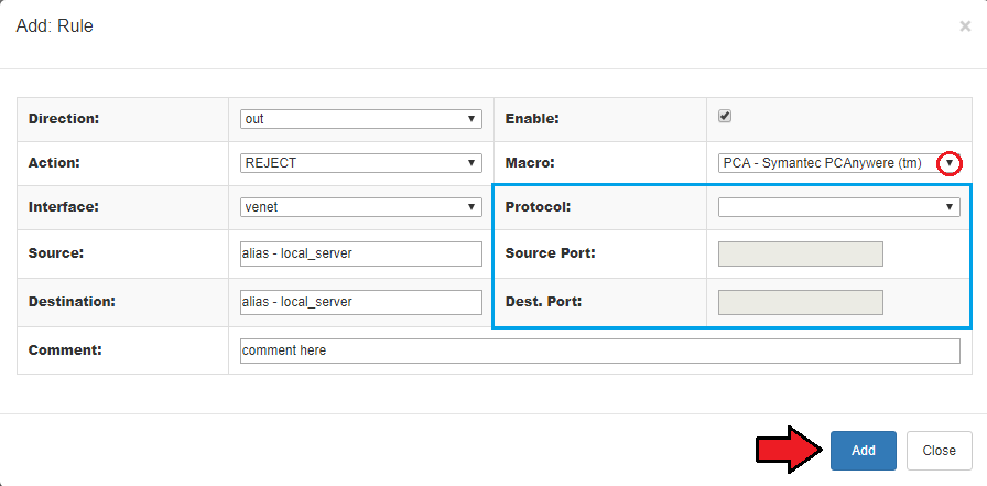 Proxmox Cloud 2.X For WHMCS: Add Rule dialog with direction, action, interface, macro, protocol, ports and comment