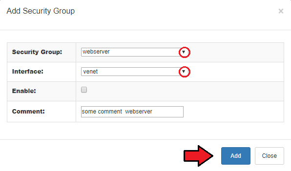 Proxmox Cloud 2.X For WHMCS: Add Security Group dialog with security group, interface, enable checkbox and comment