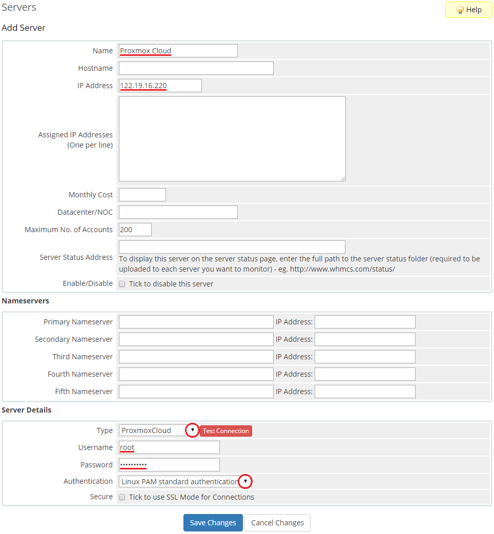 Proxmox Cloud 2.X For WHMCS: WHMCS Add Server form with name, IP address, type, username, password, authentication