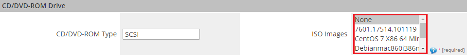 Proxmox Cloud 2.X For WHMCS: product CD/DVD-ROM Drive section with the ISO Images list highlighted