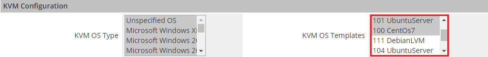 Proxmox Cloud 2.X For WHMCS: product KVM Configuration section with the KVM OS Templates list highlighted