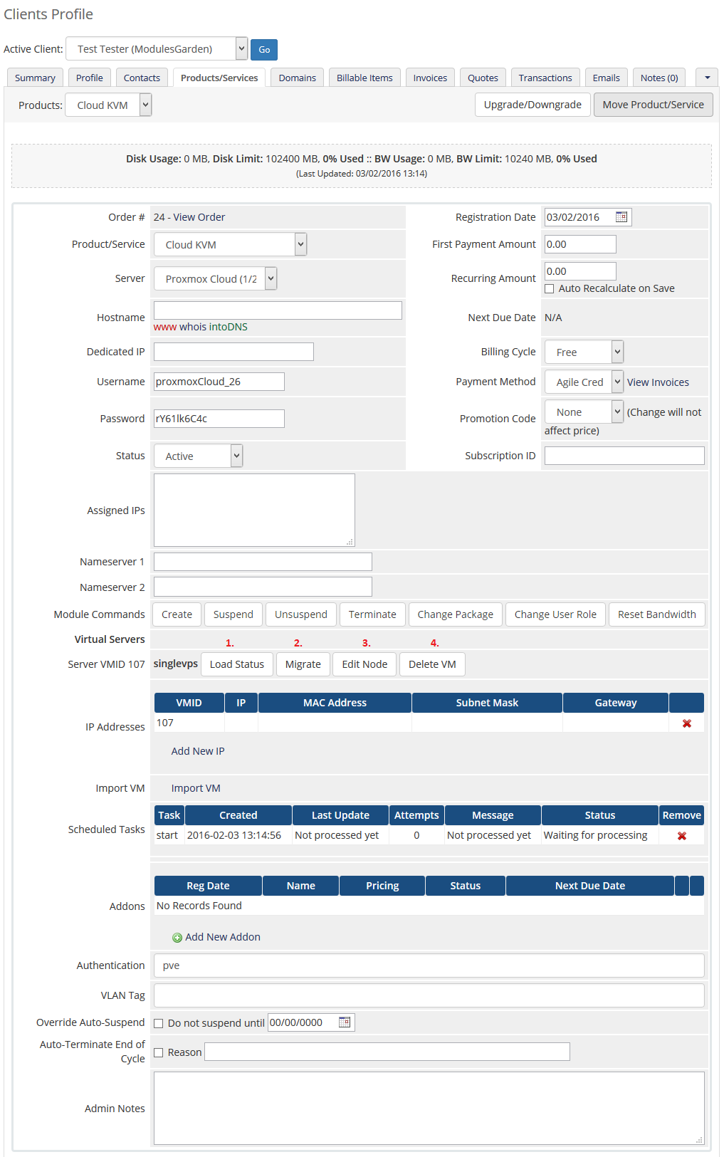 Proxmox Cloud 2.X For WHMCS: admin client product page with Load Status, Migrate, Edit Node and Delete VM buttons