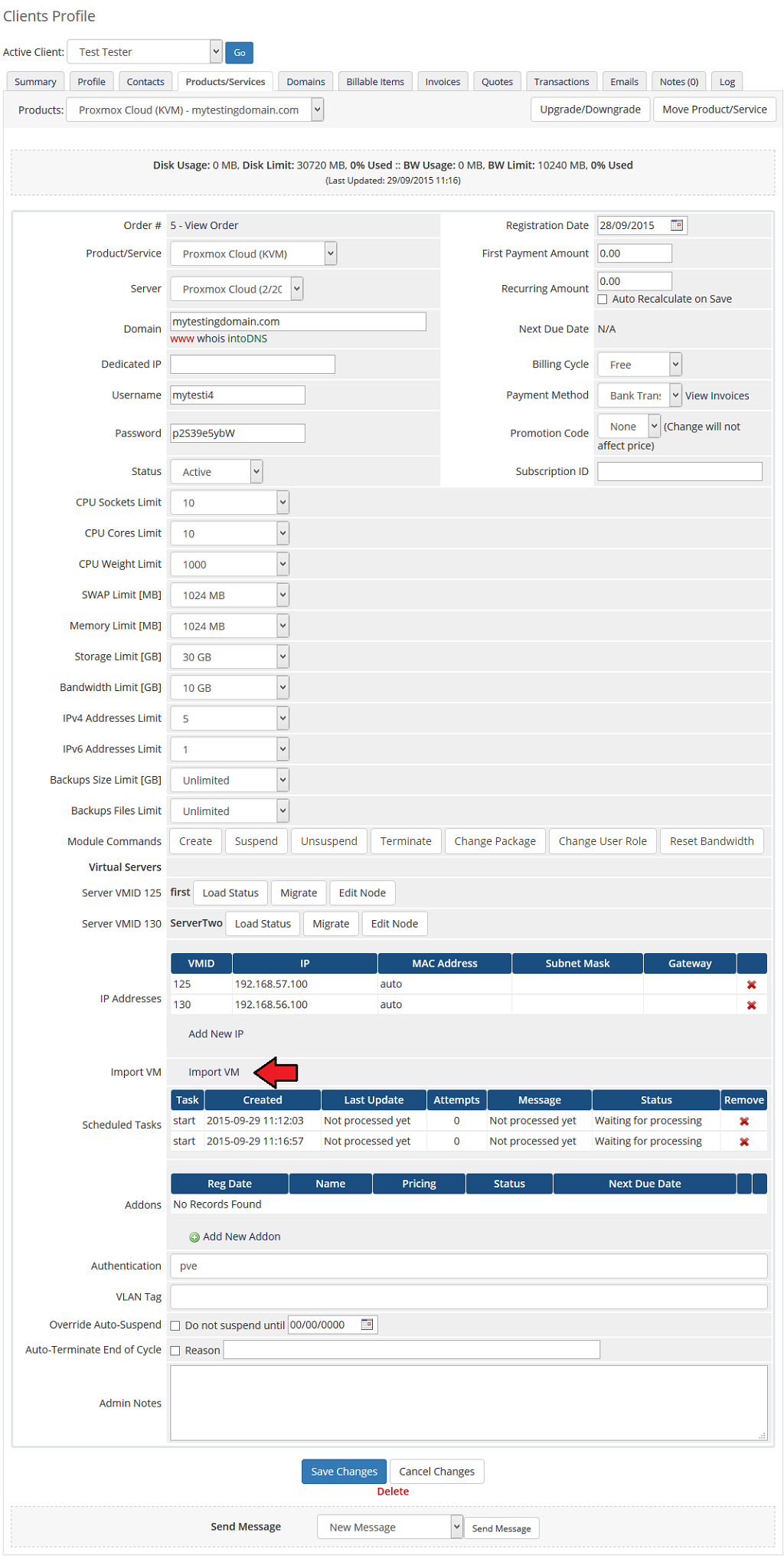 Proxmox Cloud 2.X For WHMCS: WHMCS admin Products/Services tab of a client with the Import VM link marked