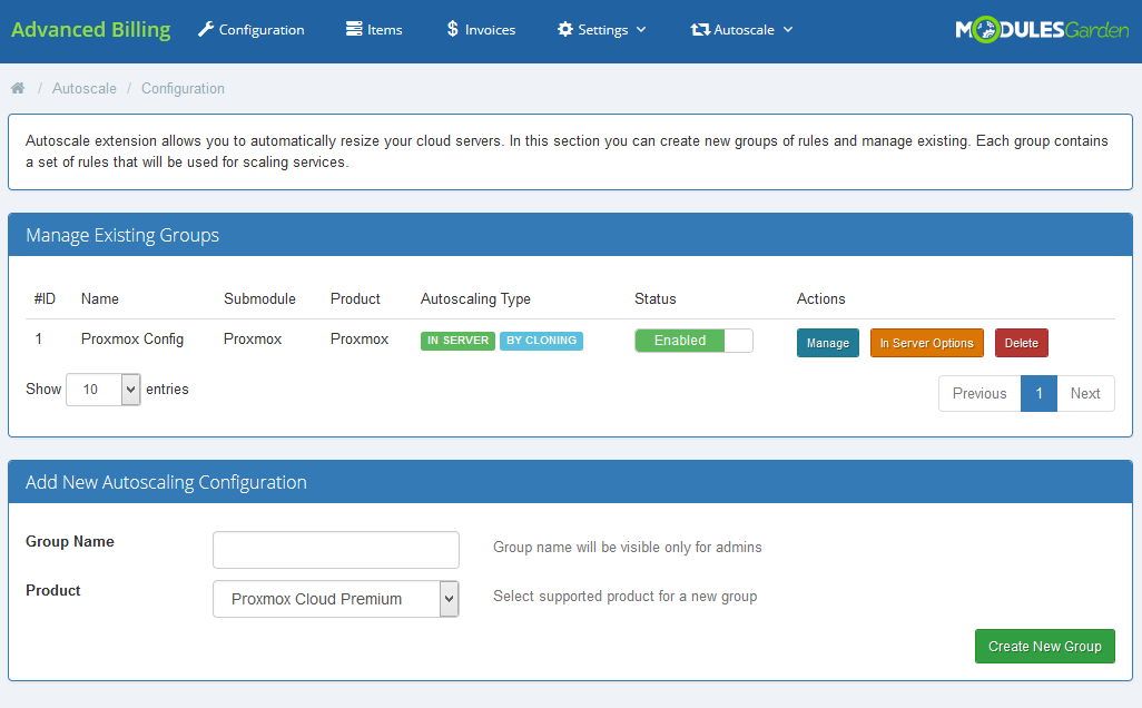 Proxmox Cloud 2.X For WHMCS: Advanced Billing Autoscale Configuration page with existing groups and the new group form