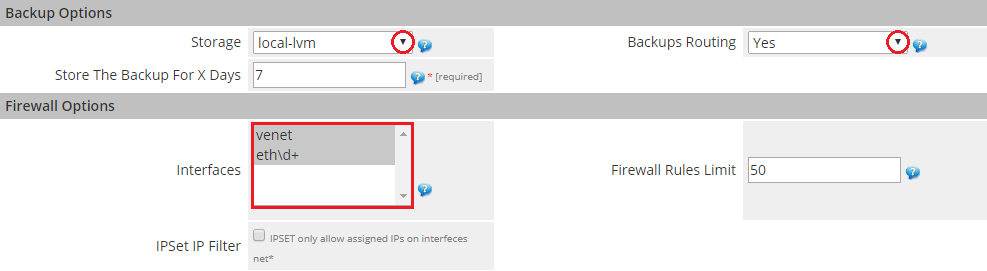 Proxmox Cloud 2.X For WHMCS: Module Settings Backup Options and Firewall Options with storage and interfaces