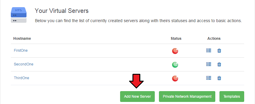 Proxmox Cloud 2.X For WHMCS: Client area virtual servers list with the Add New Server button highlighted