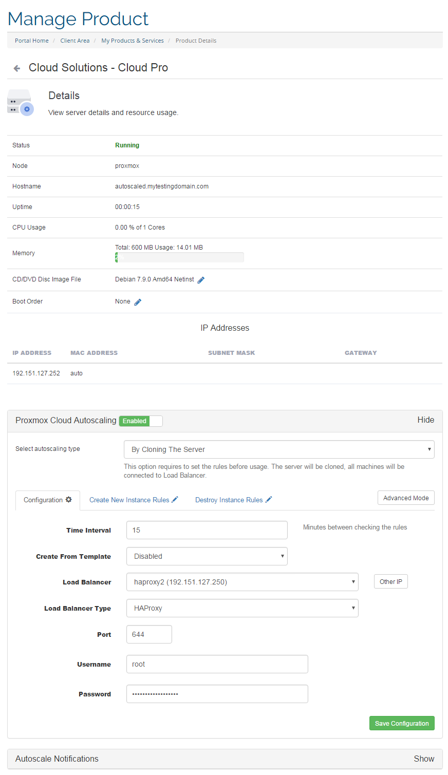 Proxmox Cloud 2.X For WHMCS: client area Details page with the Autoscaling panel set to cloning and load balancer