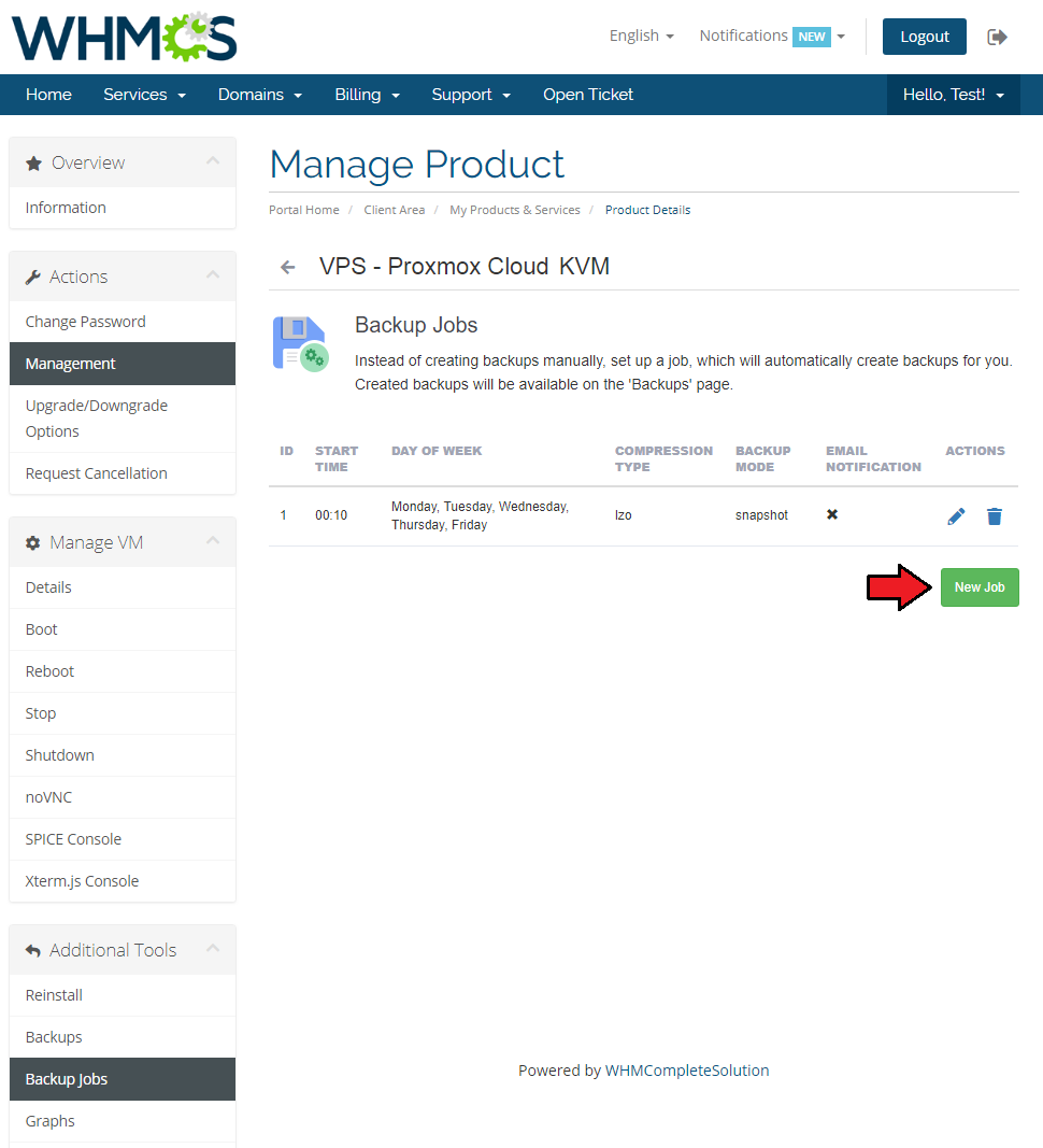 Proxmox Cloud 2.X For WHMCS: client area Backup Jobs page with a job list and the New Job button