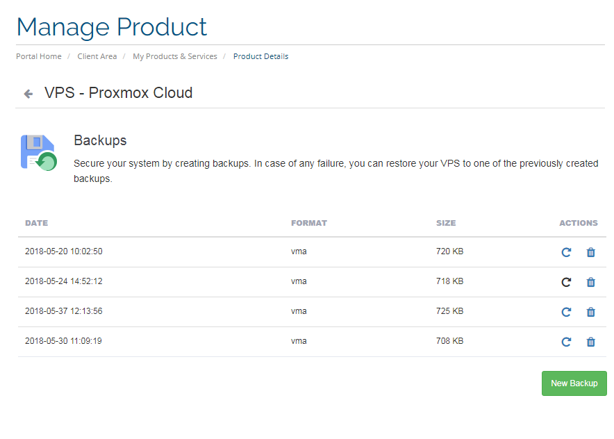 Proxmox Cloud 2.X For WHMCS: client area Backups list with date, format, size and the restore and delete icons