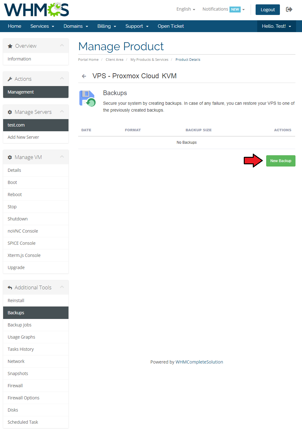 Proxmox Cloud 2.X For WHMCS: client area Backups page with an empty list and the New Backup button