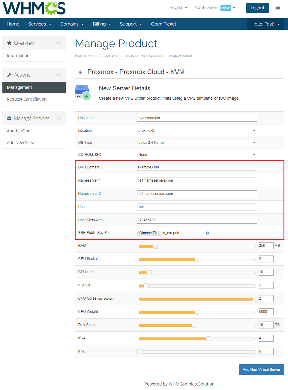 Proxmox Cloud 2.X For WHMCS: client area New Server Details form with Cloud-Init DNS, user, password and SSH key fields