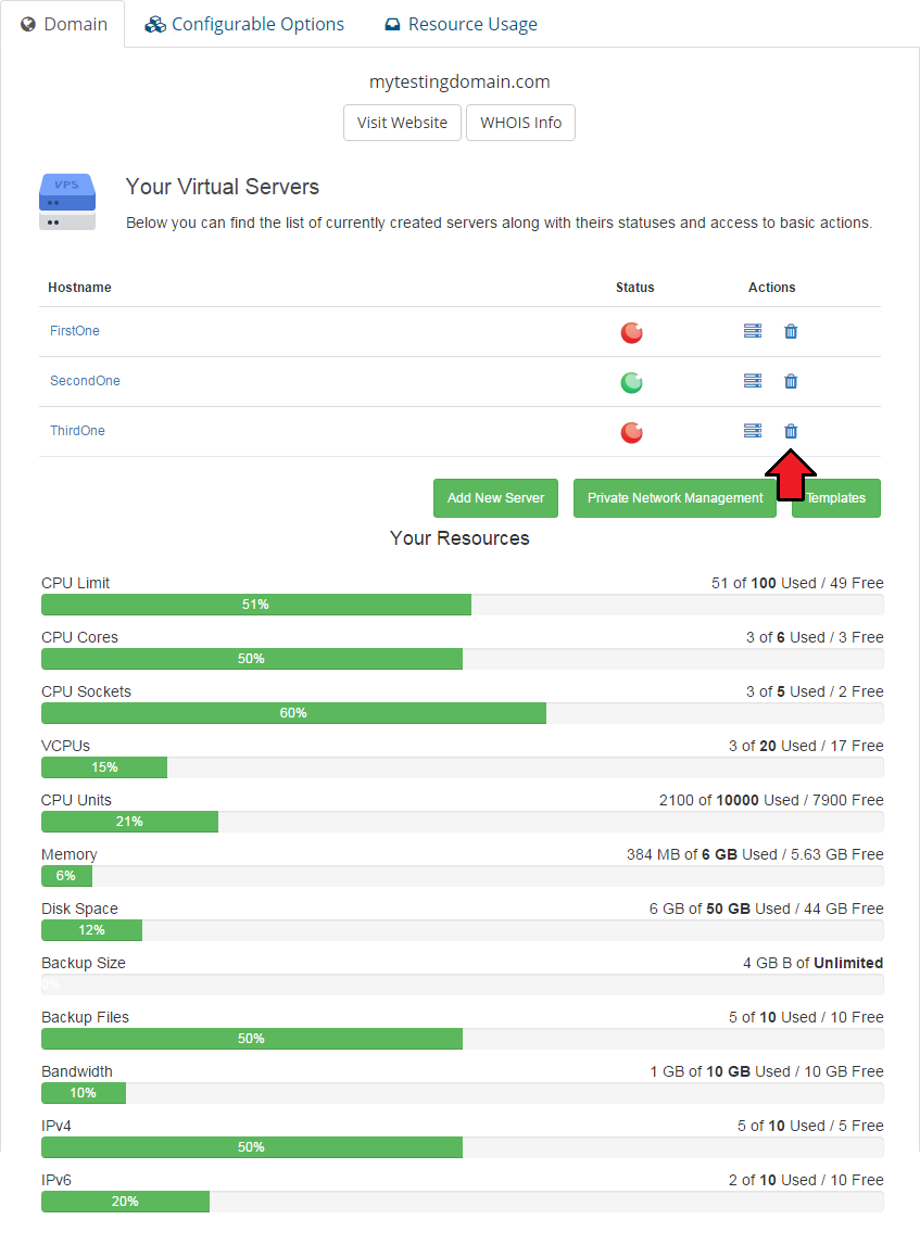 Proxmox Cloud 2.X For WHMCS: Client area virtual servers list with the Delete icon of a server highlighted
