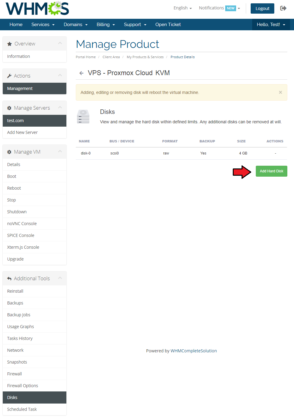 Proxmox Cloud 2.X For WHMCS: client area Disks page with the disk list and the Add Hard Disk button