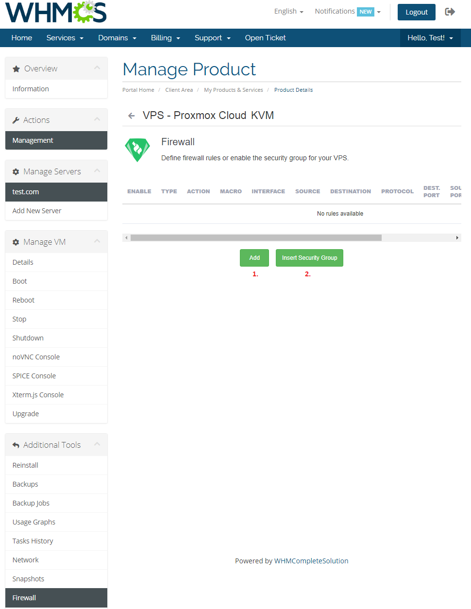 Proxmox Cloud 2.X For WHMCS: client area Firewall page with the Add and Insert Security Group buttons marked