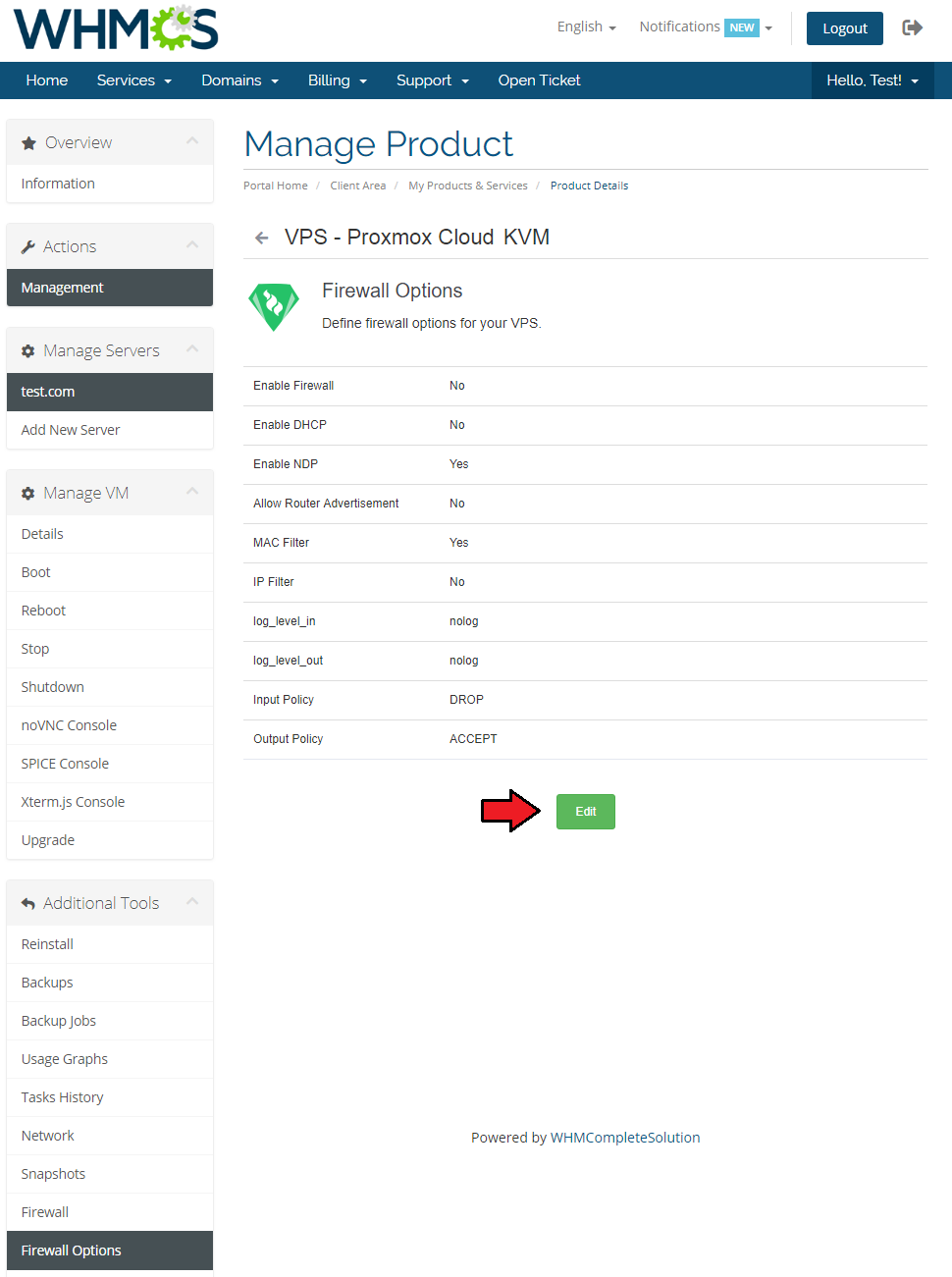 Proxmox Cloud 2.X For WHMCS: client area Firewall Options page with the current settings list and the Edit button