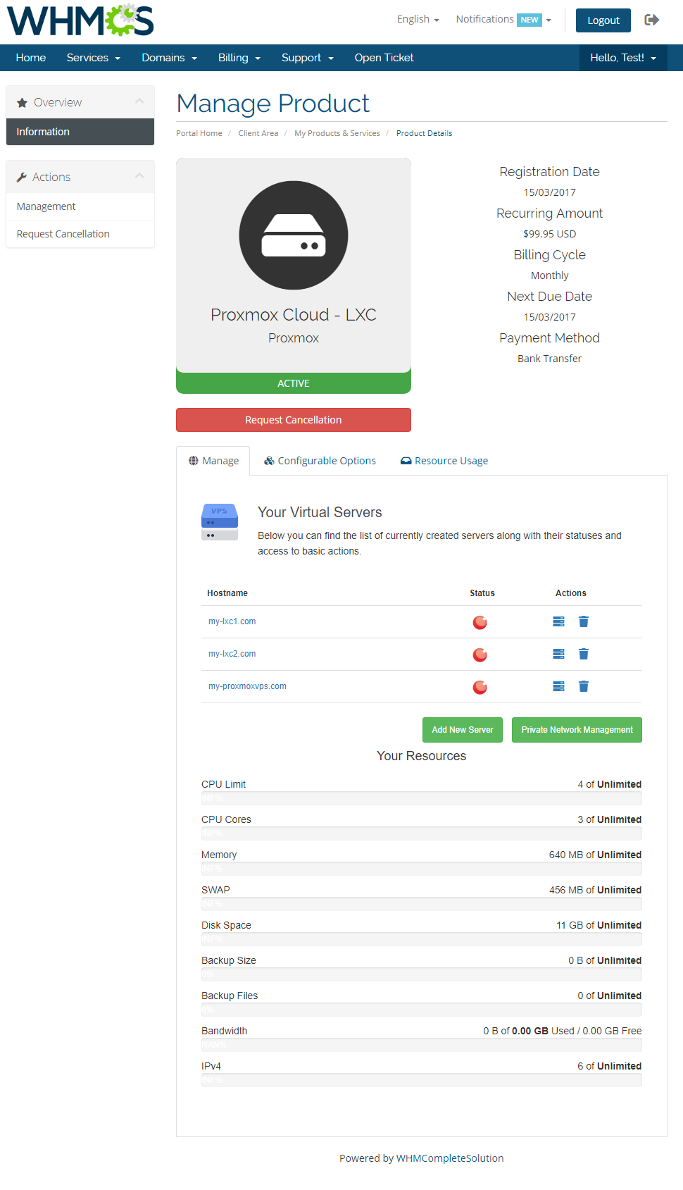 Proxmox Cloud 2.X For WHMCS: client area Manage Product page for LXC with the virtual servers list and resources