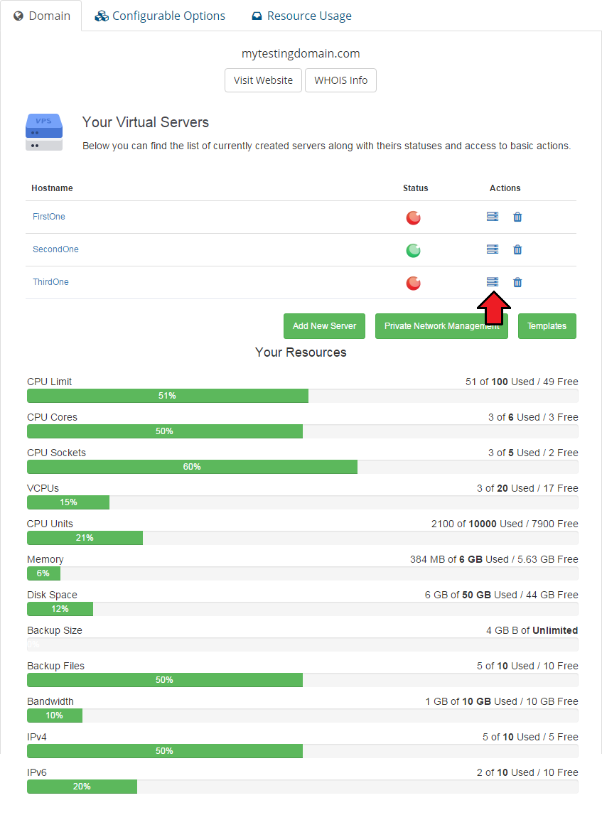Proxmox Cloud 2.X For WHMCS: Client area virtual servers list with the Manage icon of a server highlighted
