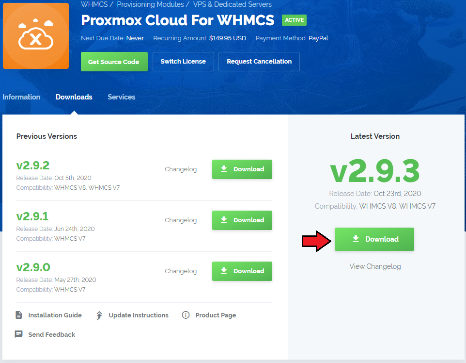 Proxmox Cloud 2.X For WHMCS: client area product page with the Download button for the latest module version