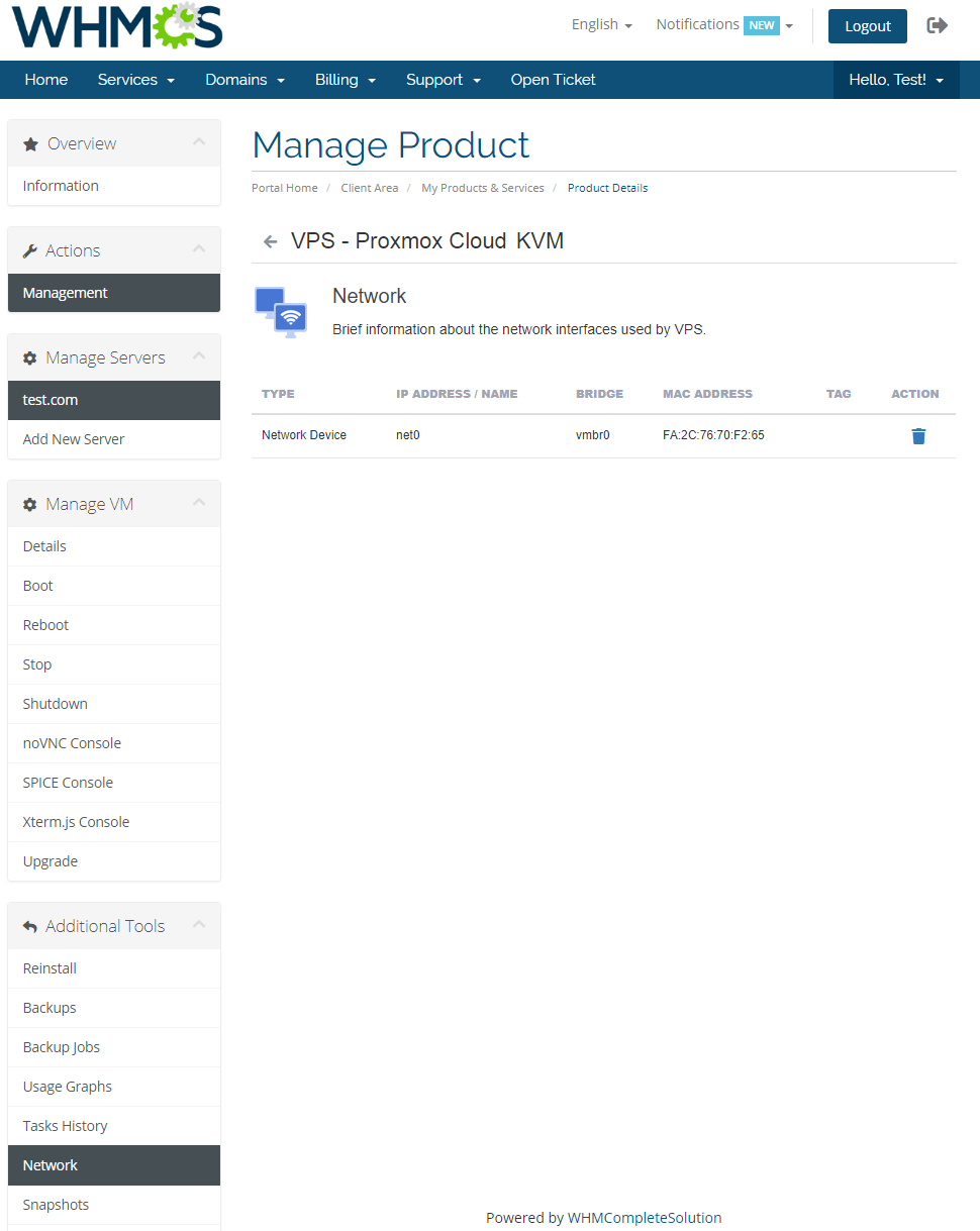 Proxmox Cloud 2.X For WHMCS: client area Network page with the VM network interface, bridge and MAC address
