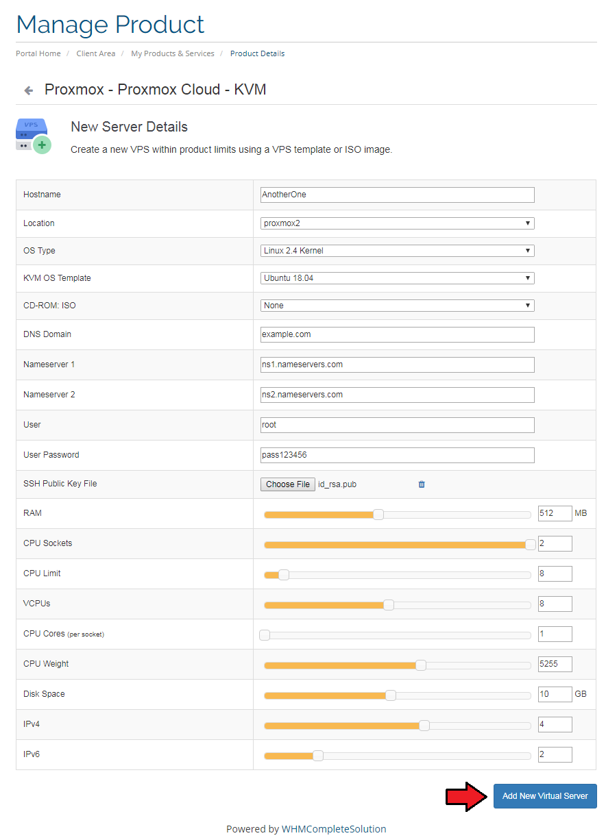 Proxmox Cloud 2.X For WHMCS: Client area New Server Details form with resource sliders and Add New Virtual Server button