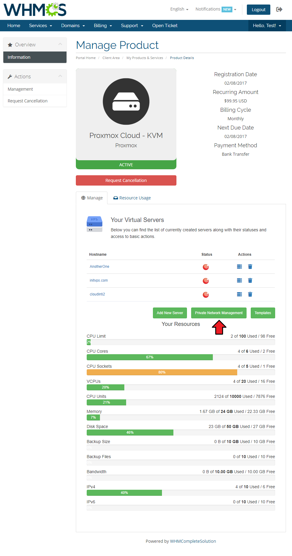 Proxmox Cloud 2.X For WHMCS: Client area virtual servers list with the Private Network Management button highlighted
