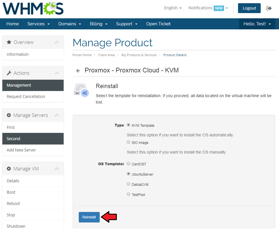 Proxmox Cloud 2.X For WHMCS: client area Reinstall page with KVM Template type, OS template list and Reinstall button