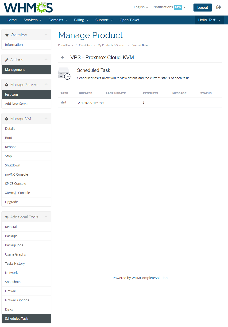 Proxmox Cloud 2.X For WHMCS: client area Scheduled Task page with the task table showing creation time and attempts