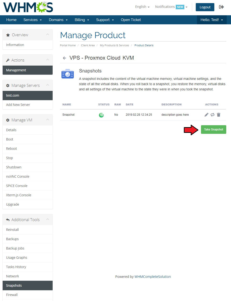 Proxmox Cloud 2.X For WHMCS: client area Snapshots page with a snapshot list and the Take Snapshot button