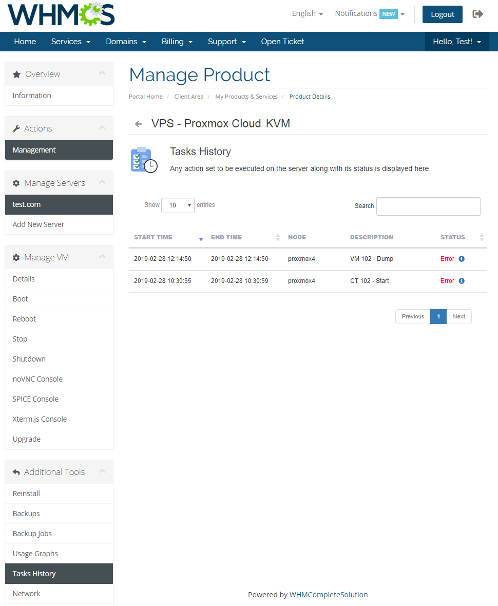 Proxmox Cloud 2.X For WHMCS: client area Tasks History page with a table of VM tasks and their status