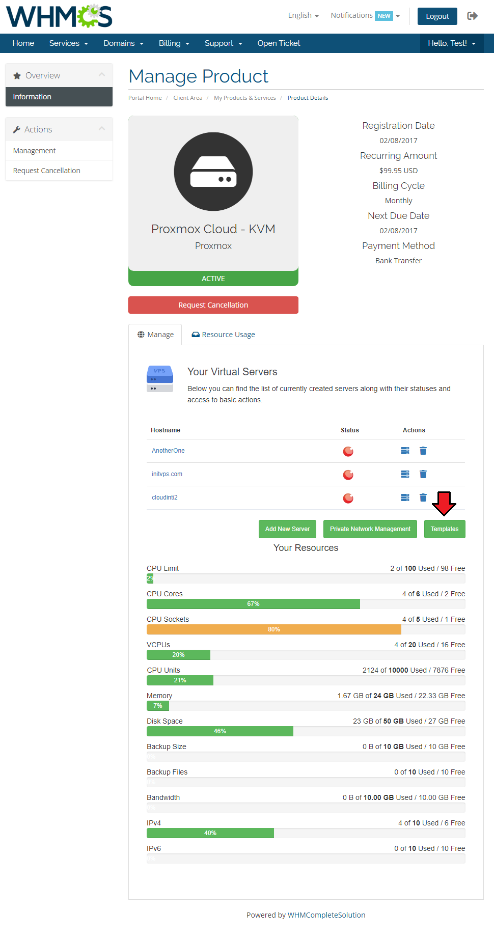 Proxmox Cloud 2.X For WHMCS: Client area virtual servers list with the Templates button highlighted
