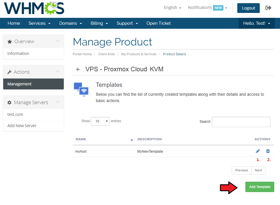 Proxmox Cloud 2.X For WHMCS: Client area Templates page with the template list and the Add Template button highlighted