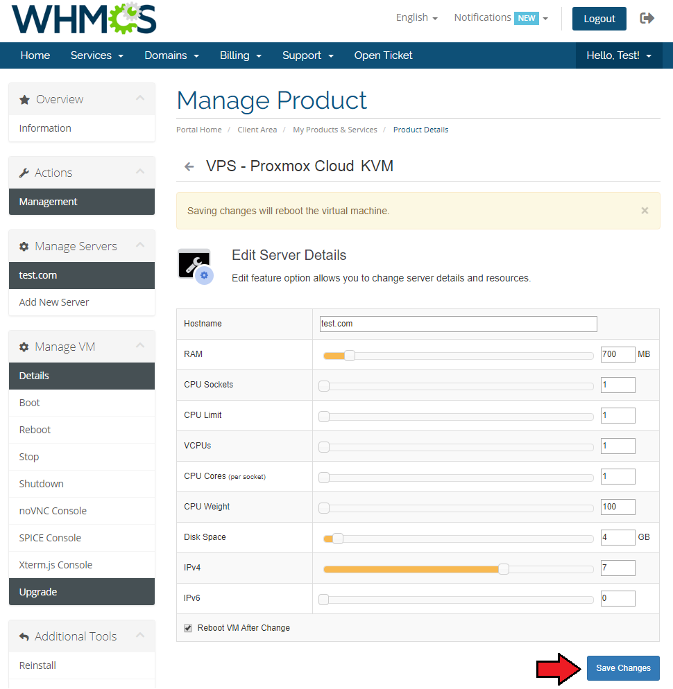 Proxmox Cloud 2.X For WHMCS: client area Upgrade page with server resources sliders and the Save Changes button