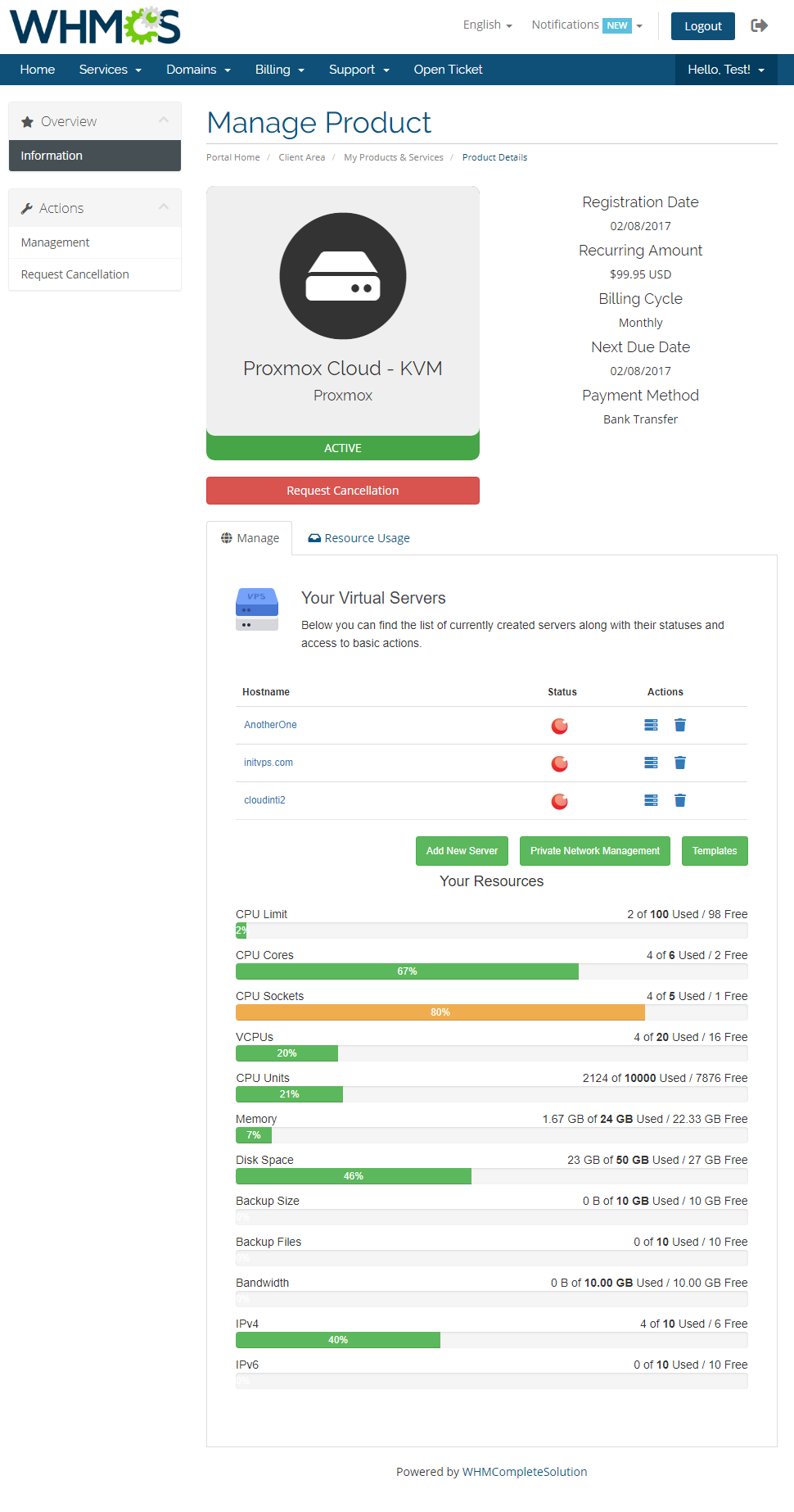 Proxmox Cloud 2.X For WHMCS: WHMCS client area Manage Product page with Your Virtual Servers list and resource usage