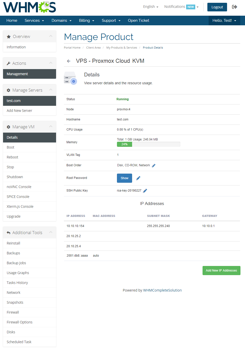 Proxmox Cloud 2.X For WHMCS: Client area VM Details page with the Manage VM menu, Additional Tools menu and IP addresses
