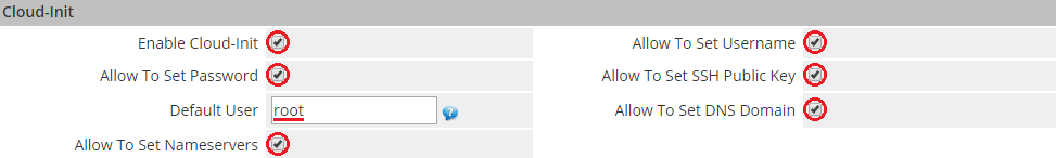 Proxmox Cloud 2.X For WHMCS: WHMCS admin product Module Settings Cloud-Init section with the Cloud-Init options enabled