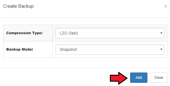 Proxmox Cloud 2.X For WHMCS: Create Backup dialog with Compression Type and Backup Mode dropdowns and the Add button