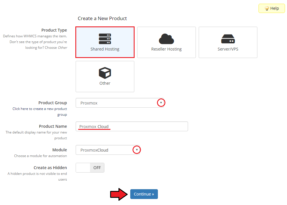 Proxmox Cloud 2.X For WHMCS: WHMCS Create a New Product form with type, group, name and ProxmoxCloud module
