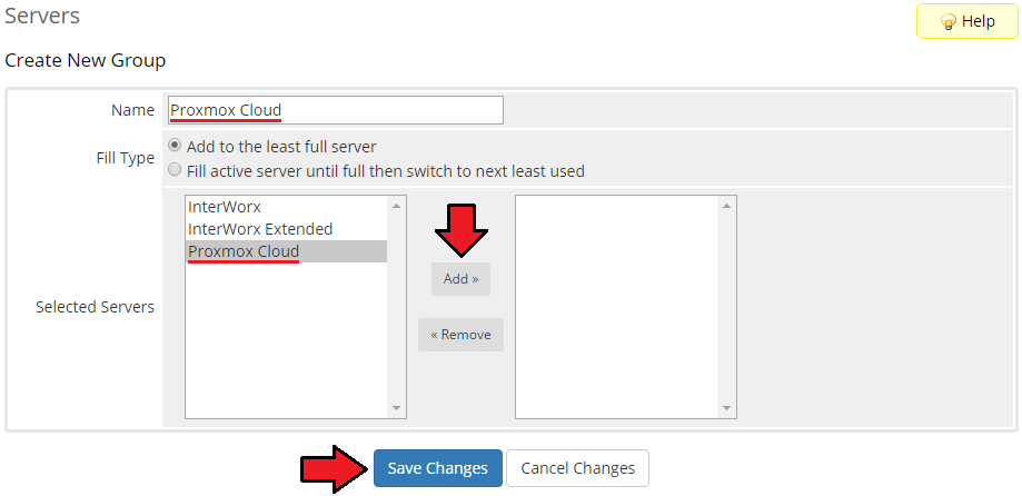 Proxmox Cloud 2.X For WHMCS: WHMCS Create New Group form with the Proxmox Cloud server selected and Add button