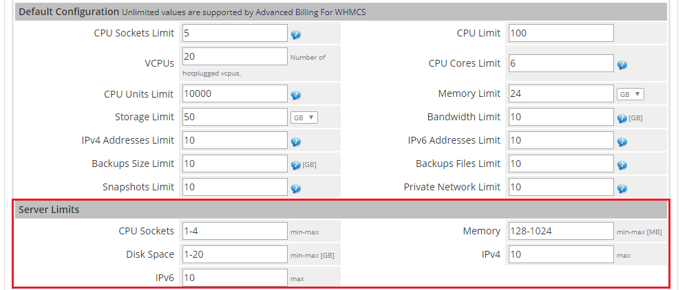 Proxmox Cloud 2.X For WHMCS: WHMCS admin Module Settings Default Configuration and Server Limits section highlighted