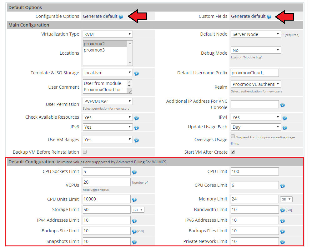 Proxmox Cloud 2.X For WHMCS: Module Settings with Generate default links for Configurable Options and Custom Fields